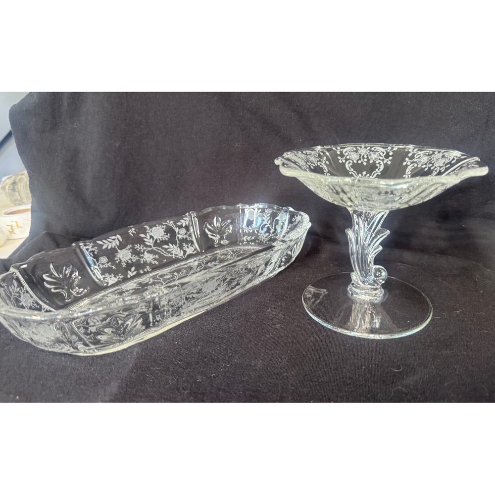 Fostoria Etched Glass Set Oval Relish Bowl and Pedestal Candy Dish‎ Clear Floral